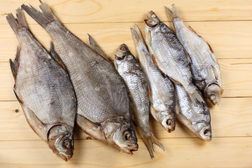 Dried fish on the table. Salty dry river fish on a light wooden background.top view with copy space