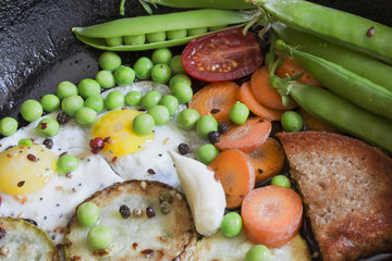Vegetable ready delicious breakfast in a frying pan close