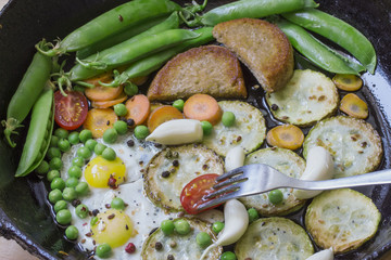 Vegetable ready delicious breakfast in a frying pan