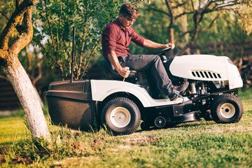 Fototapeta premium Professional male landscaper using lawn mower for cutting grass in home garden