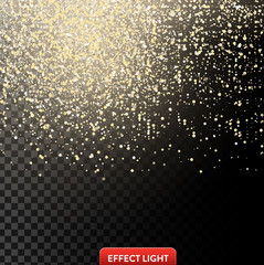 Vector illustration of a falling shiny golden glitters, confetti on a black background. Texture of falling golden sequins, foil
