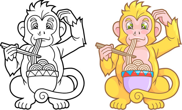 Cartoon funny monkey eating noodles