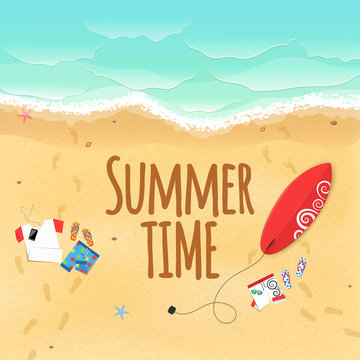 Summer time. Clothes on the beach. Sand grains. Waves from the sea. Time for surfing. Footprints from the feet on the sand. Rest on the beach. Cover for the project. Vector illustration