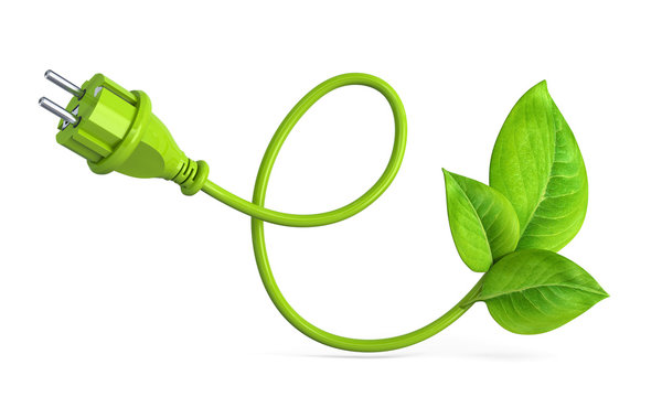 e-shaped green power plug with leaves