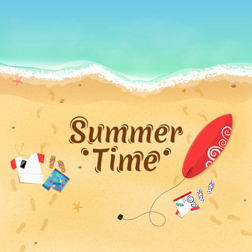 Summer time. Clothes on the beach. Waves from the sea. Red board for surfing. Footprints from the feet on the sand. Rest on the beach. Cover for the project. Vector illustration