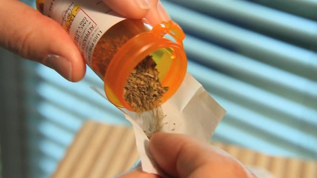 Close up, man places medical marijuana in rolling paper