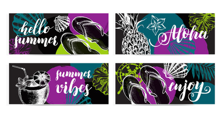 Set of banners for summer and vacation theme. Background with Ink hand drawn elements. Template for cards, labels with modern brush calligraphy style lettering. Vector illustration.