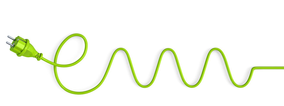 Green power plug bent in a electric waves shape