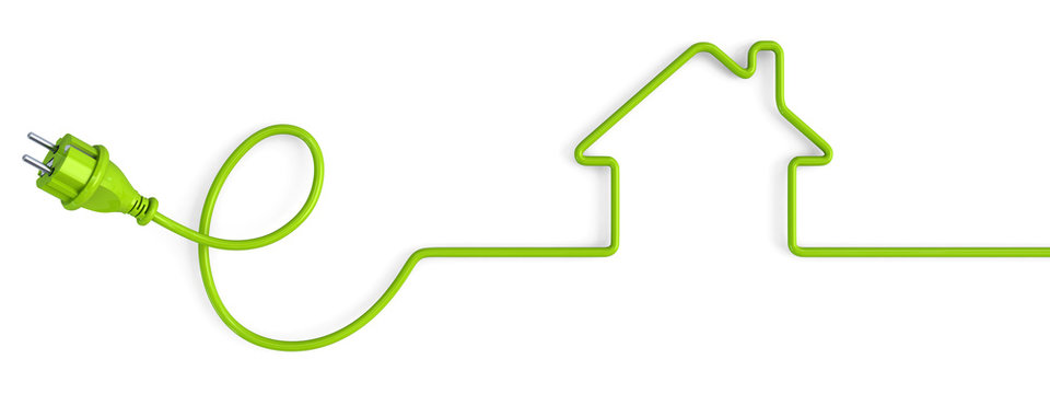 Green power plug bent in a house shape