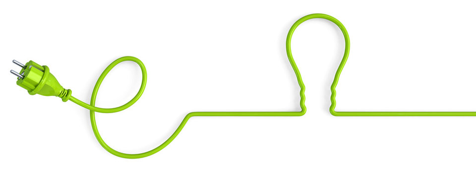 Green power plug bent in a light bulb shape