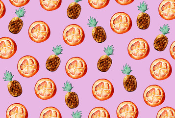 Beautiful pattern with hand drawn elements - cute pineapples and orange slices watercolor on pink background. Illustration.