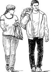 sketch of the casual pedestrians couple