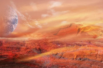 Fototapeten Planet Hell . Lifeless earth . Others fiery planet . Volcanic breed. Alien Planet Traos  .Ultra-violet radiation. greenhouse effect . Elements of this image furnished by NASA . © yaalan