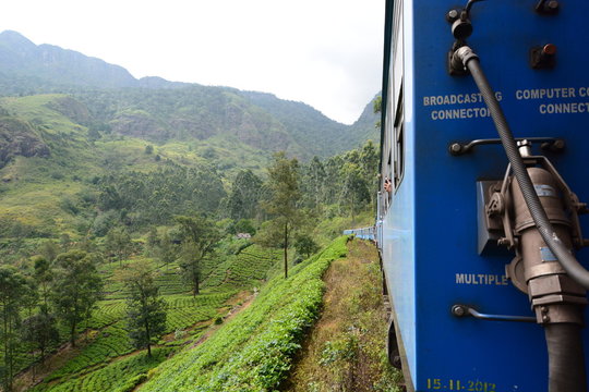 Train traveling on the mountains. Nuwara Eliya. Sri Lanka