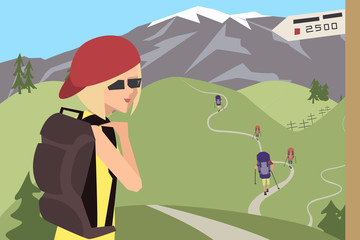 group of tourists goes on the route vector cartoon