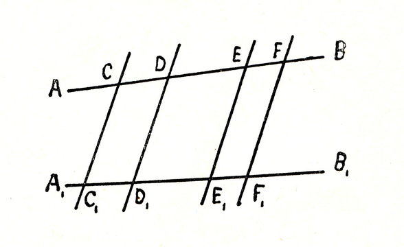 Two straight lines, crossed by parallel lines, are divided pro rata