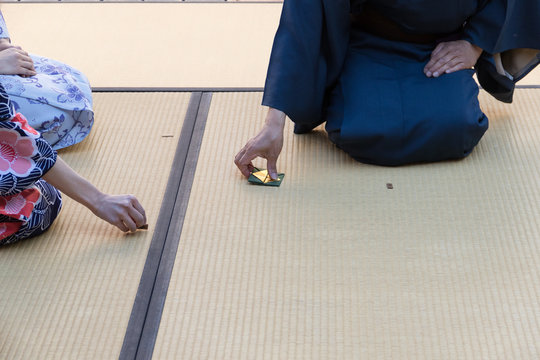Beginning of the Japanese green tea ceremony on tatami mat