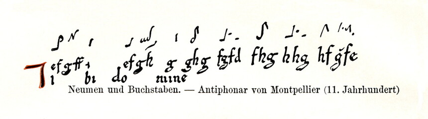 Neumes and letters from Antiphonarium Codex Montpellier, 11th century (from Meyers Lexikon, 1896, 13/36/37)