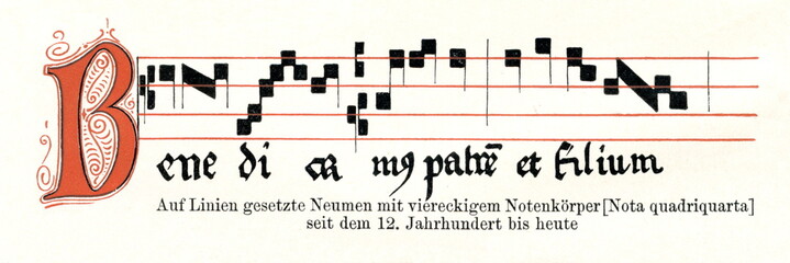 Naklejka premium Square neumes (Nota quadriquarta) on four lines (from Meyers Lexikon, 1896, 13/36/37)