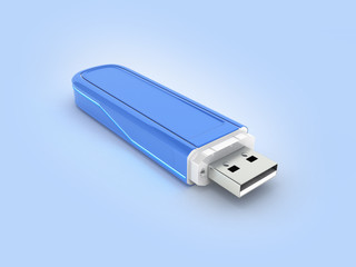 USB flash drive in blue with backlight on blue gradient background with reflection 3d