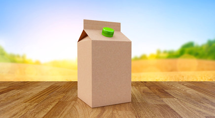 beo Carton box of milk on field background. 3d illustration