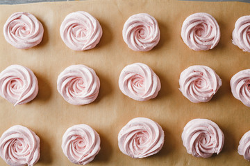 Strawberry marshmallows on a baking sheet