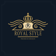 Line art Monogram luxury design, graceful template. Calligraphic elegant beautiful logo. Royal style. Letter emblem sign R for Royalty, Restaurant, Boutique, Hotel, Heraldic. Vector illustration