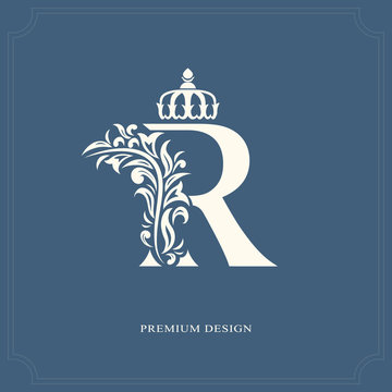 Elegant letter R with a crown. Graceful royal style. Calligraphic beautiful logo. Vintage drawn emblem for book design, brand name, business card, Restaurant, Boutique, Hotel. Vector illustration
