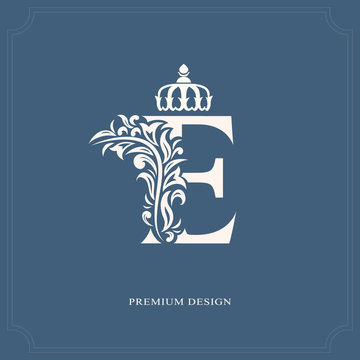 Elegant letter E with a crown. Graceful royal style. Calligraphic beautiful logo. Vintage drawn emblem for book design, brand name, business card, Restaurant, Boutique, Hotel. Vector illustration