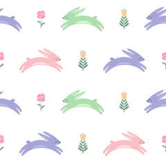Fototapeta na wymiar Easter bunny with spring flowers seamless pattern. Cute scandinavian style holiday background. Cartoon baby rabbit illustration. Easter design for textile, fabric, decor.