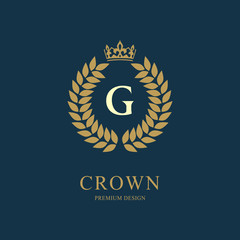 Wreath Monogram luxury design, graceful template. Floral elegant beautiful round logo with crown. Letter emblem sign G for Royalty, Restaurant, Boutique, Hotel, Heraldic, Jewelry. Vector illustration