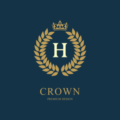 Wreath Monogram luxury design, graceful template. Floral elegant beautiful round logo with crown. Letter emblem sign H for Royalty, Restaurant, Boutique, Hotel, Heraldic, Jewelry. Vector illustration