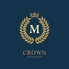 Wreath Monogram luxury design, graceful template. Floral elegant beautiful round logo with crown. Letter emblem sign M for Royalty, Restaurant, Boutique, Hotel, Heraldic, Jewelry. Vector illustration