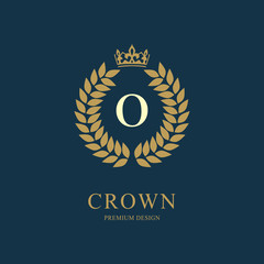 Wreath Monogram luxury design, graceful template. Floral elegant beautiful round logo with crown. Letter emblem sign O for Royalty, Restaurant, Boutique, Hotel, Heraldic, Jewelry. Vector illustration