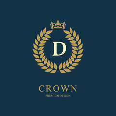 Wreath Monogram luxury design, graceful template. Floral elegant beautiful round logo with crown. Letter emblem sign D for Royalty, Restaurant, Boutique, Hotel, Heraldic, Jewelry. Vector illustration