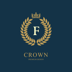 Wreath Monogram luxury design, graceful template. Floral elegant beautiful round logo with crown. Letter emblem sign F for Royalty, Restaurant, Boutique, Hotel, Heraldic, Jewelry. Vector illustration