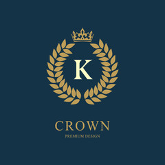 Wreath Monogram luxury design, graceful template. Floral elegant beautiful round logo with crown. Letter emblem sign K for Royalty, Restaurant, Boutique, Hotel, Heraldic, Jewelry. Vector illustration