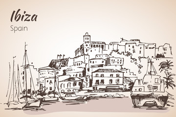 Old city of Ibiza Town, Balearic islands, Spain, Europe. Ibiza castle. Historical buildings.Travel sketch.