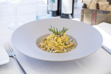 seafood, mussels, pasta, food, dish, meal, plate, cuisine, spaghetti, lunch, sauce, italian