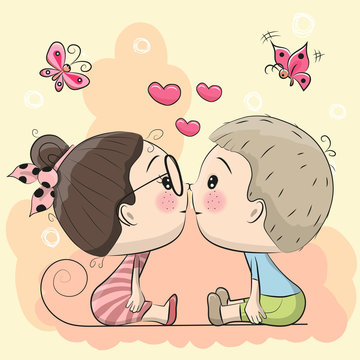 Cute Cartoon boy and girl are kissing