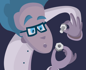 Very concentrated scientist joining nut and bolt