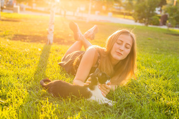 Cute Cat and Woman playing with him Outdoor Lifestyle, Friendship and Pet Owner concept