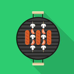 Images of the grill on which fried sausages, mushrooms and tomatoes. View from above. Flat design

