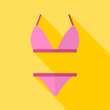 Image of a pink swimsuit on a yellow background. Flat design