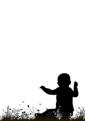 Vector, isolated silhouette of  baby sitting on the grass