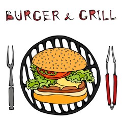 Big Hamburger or Cheeseburger with BBQ Grill, Tongs and Fork for Barbecue. Burger Lettering. Isolated On a White Background. Realistic Doodle Cartoon Style Hand Drawn Sketch Vector Illustration.