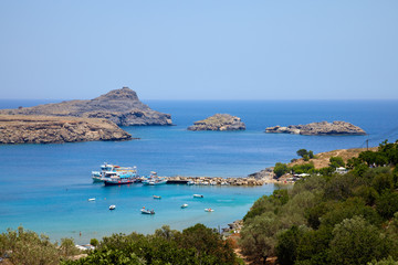 Naklejka na ściany i meble Greece trip in summer, beautiful bay near Lindos city of Rhodes island