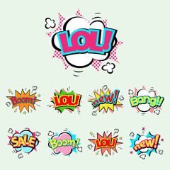 Pop art comic speech bubble boom effects vector explosion bang communication cloud fun humor illustration