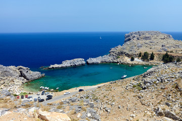 Fototapeta na wymiar Beautiful St. Paul's bay near the town of Lindos, Rhodes, Greece
