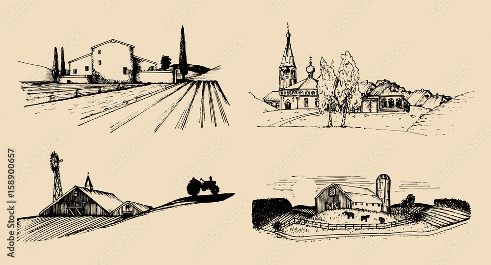 Wall mural vector village landscapes illustrations set. hand drawn russian countryside. sketches of farm villa,